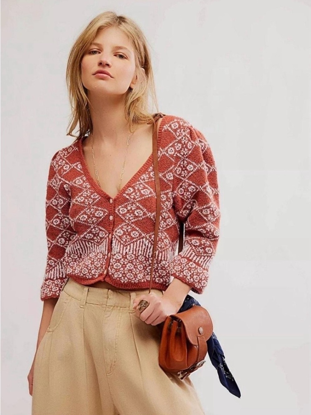 Free People Rust Patterned V-Neck Knit Cardigan Size Small